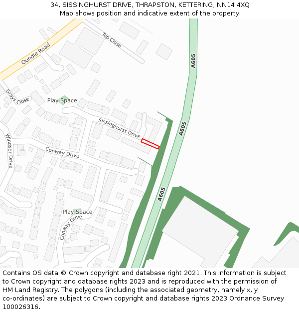 34, SISSINGHURST DRIVE, THRAPSTON, KETTERING, NN14 4XQ: Location map and indicative extent of plot