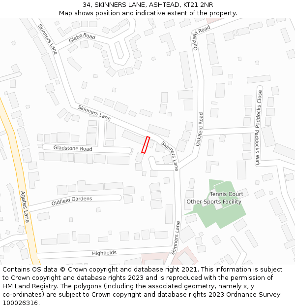 34, SKINNERS LANE, ASHTEAD, KT21 2NR: Location map and indicative extent of plot