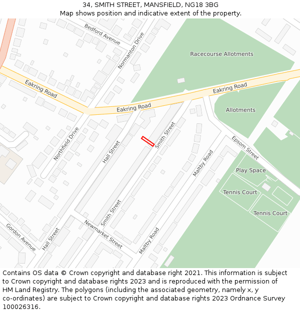 34, SMITH STREET, MANSFIELD, NG18 3BG: Location map and indicative extent of plot