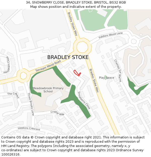 34, SNOWBERRY CLOSE, BRADLEY STOKE, BRISTOL, BS32 8GB: Location map and indicative extent of plot