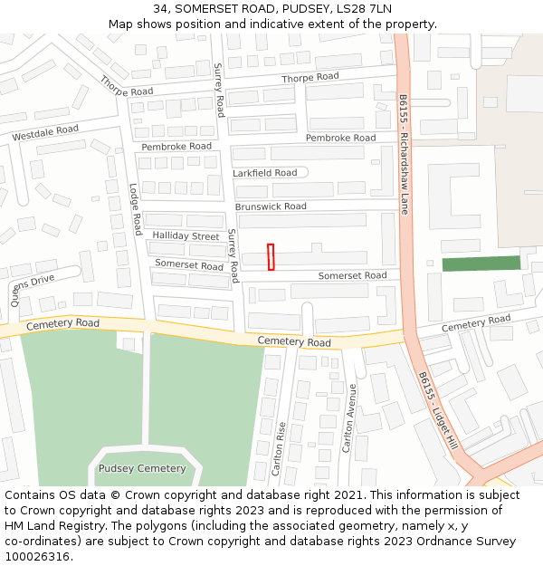 34, SOMERSET ROAD, PUDSEY, LS28 7LN: Location map and indicative extent of plot