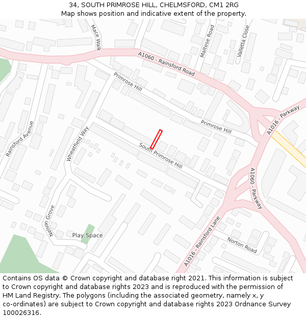 34, SOUTH PRIMROSE HILL, CHELMSFORD, CM1 2RG: Location map and indicative extent of plot