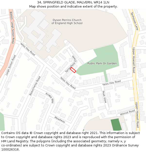 34, SPRINGFIELD GLADE, MALVERN, WR14 1LN: Location map and indicative extent of plot