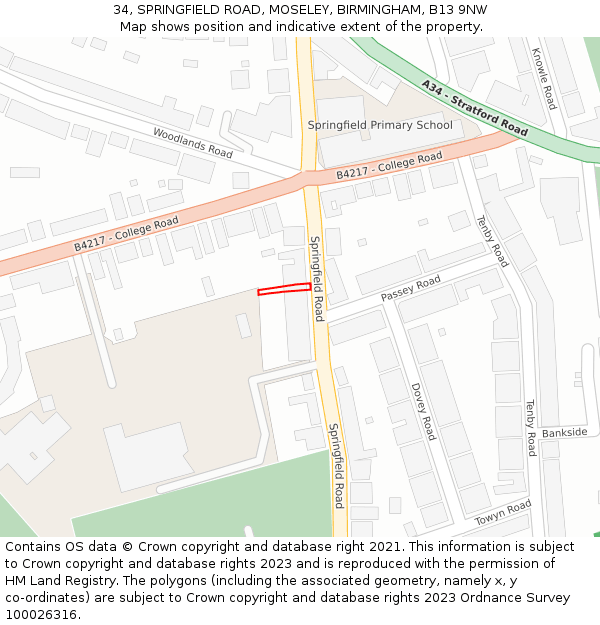 34, SPRINGFIELD ROAD, MOSELEY, BIRMINGHAM, B13 9NW: Location map and indicative extent of plot