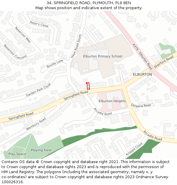 34, SPRINGFIELD ROAD, PLYMOUTH, PL9 8EN: Location map and indicative extent of plot