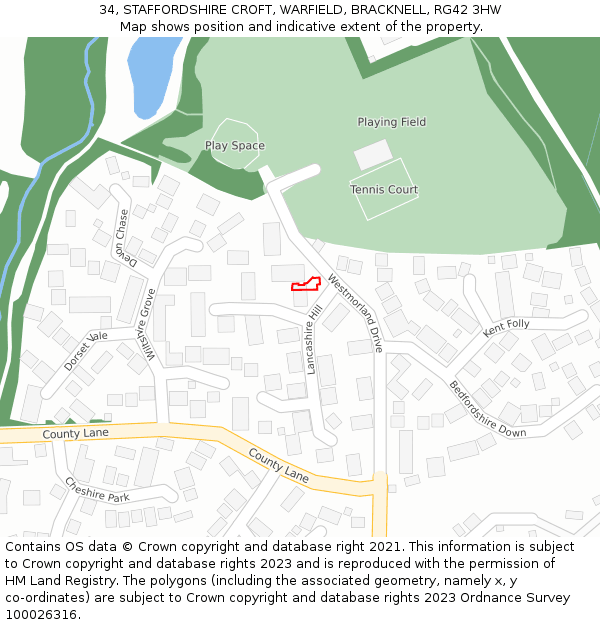 34, STAFFORDSHIRE CROFT, WARFIELD, BRACKNELL, RG42 3HW: Location map and indicative extent of plot