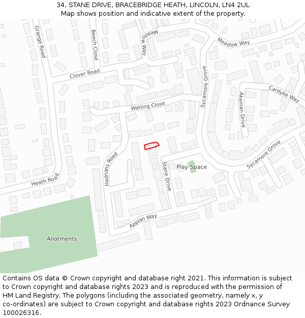 34, STANE DRIVE, BRACEBRIDGE HEATH, LINCOLN, LN4 2UL: Location map and indicative extent of plot