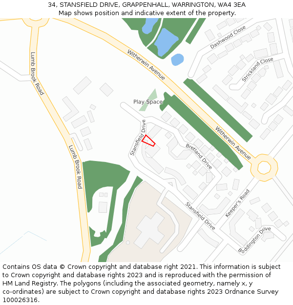 34, STANSFIELD DRIVE, GRAPPENHALL, WARRINGTON, WA4 3EA: Location map and indicative extent of plot