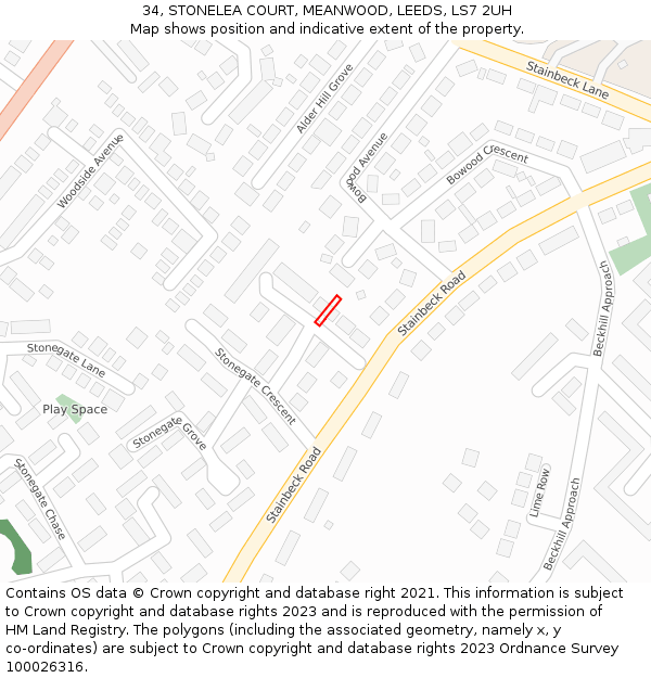 34, STONELEA COURT, MEANWOOD, LEEDS, LS7 2UH: Location map and indicative extent of plot