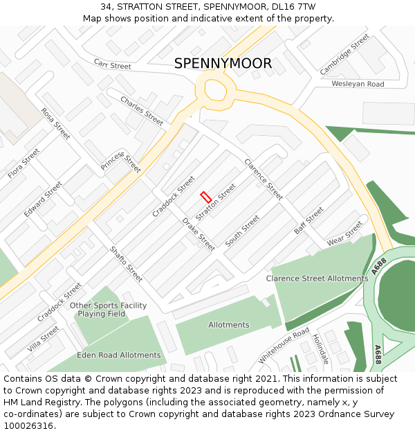 34, STRATTON STREET, SPENNYMOOR, DL16 7TW: Location map and indicative extent of plot