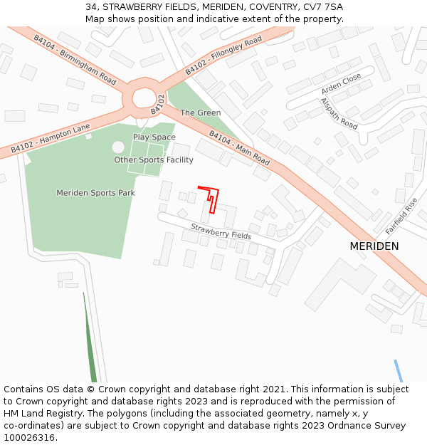 34, STRAWBERRY FIELDS, MERIDEN, COVENTRY, CV7 7SA: Location map and indicative extent of plot