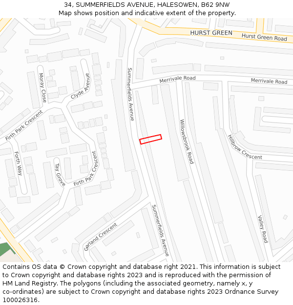 34, SUMMERFIELDS AVENUE, HALESOWEN, B62 9NW: Location map and indicative extent of plot