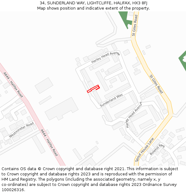 34, SUNDERLAND WAY, LIGHTCLIFFE, HALIFAX, HX3 8FJ: Location map and indicative extent of plot