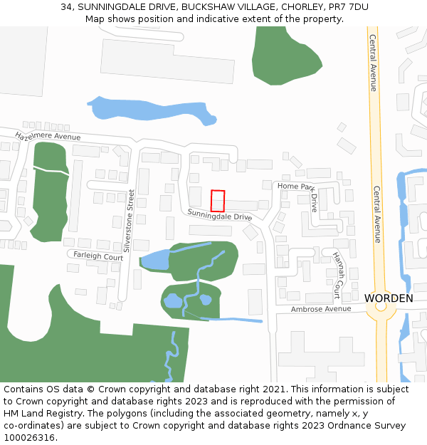 34, SUNNINGDALE DRIVE, BUCKSHAW VILLAGE, CHORLEY, PR7 7DU: Location map and indicative extent of plot