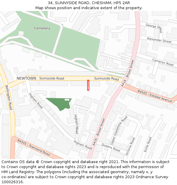 34, SUNNYSIDE ROAD, CHESHAM, HP5 2AR: Location map and indicative extent of plot