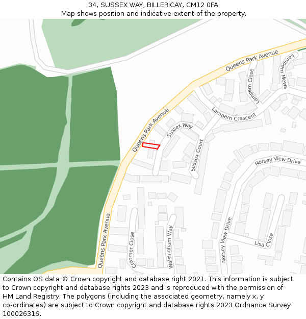 34, SUSSEX WAY, BILLERICAY, CM12 0FA: Location map and indicative extent of plot