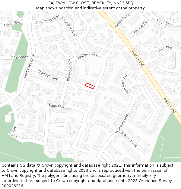 34, SWALLOW CLOSE, BRACKLEY, NN13 6PQ: Location map and indicative extent of plot