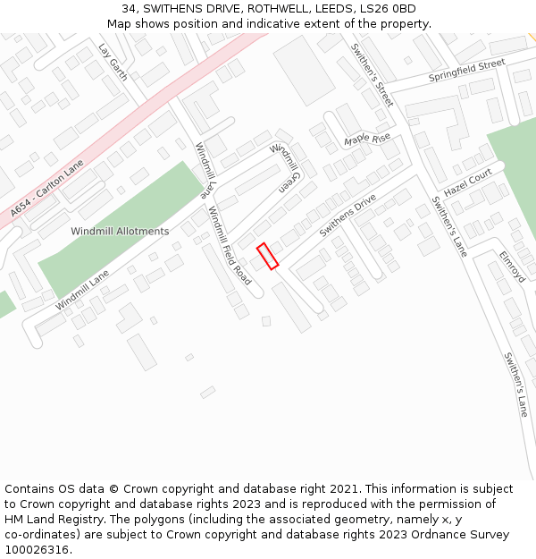 34, SWITHENS DRIVE, ROTHWELL, LEEDS, LS26 0BD: Location map and indicative extent of plot