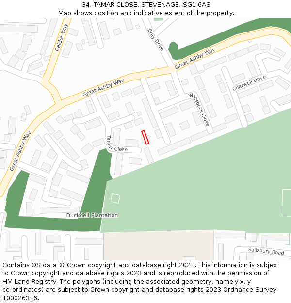 34, TAMAR CLOSE, STEVENAGE, SG1 6AS: Location map and indicative extent of plot