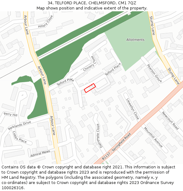 34, TELFORD PLACE, CHELMSFORD, CM1 7QZ: Location map and indicative extent of plot