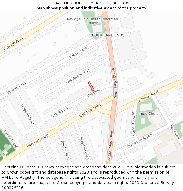 34, THE CROFT, BLACKBURN, BB1 8DY: Location map and indicative extent of plot