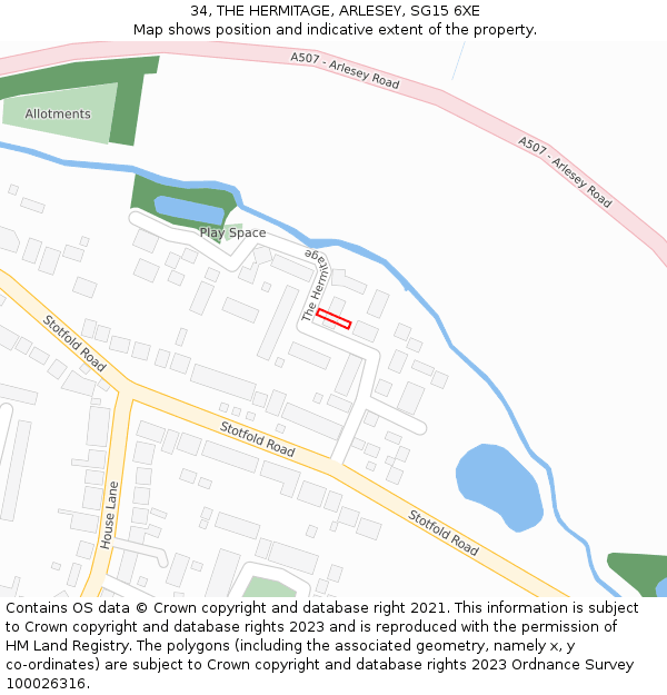 34, THE HERMITAGE, ARLESEY, SG15 6XE: Location map and indicative extent of plot