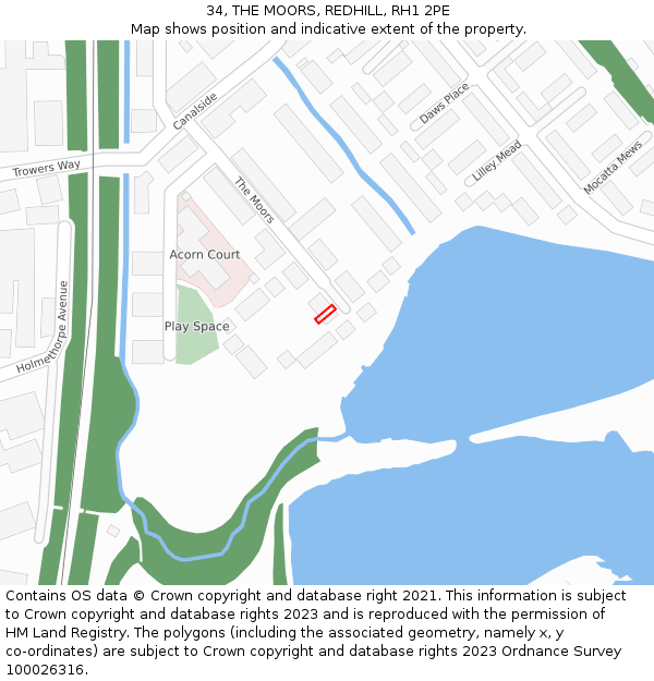 34, THE MOORS, REDHILL, RH1 2PE: Location map and indicative extent of plot