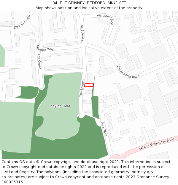 34, THE SPINNEY, BEDFORD, MK41 0ET: Location map and indicative extent of plot