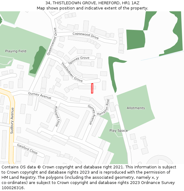 34, THISTLEDOWN GROVE, HEREFORD, HR1 1AZ: Location map and indicative extent of plot