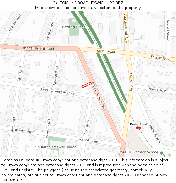 34, TOMLINE ROAD, IPSWICH, IP3 8BZ: Location map and indicative extent of plot