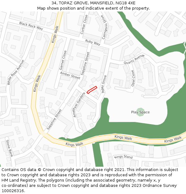 34, TOPAZ GROVE, MANSFIELD, NG18 4XE: Location map and indicative extent of plot