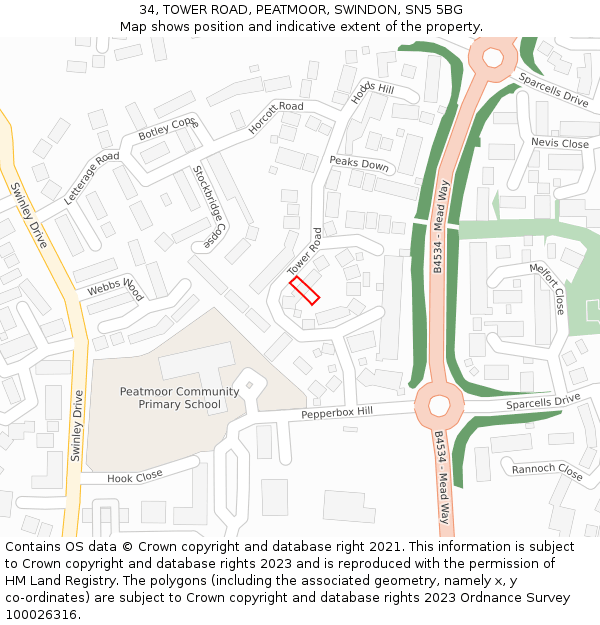 34, TOWER ROAD, PEATMOOR, SWINDON, SN5 5BG: Location map and indicative extent of plot