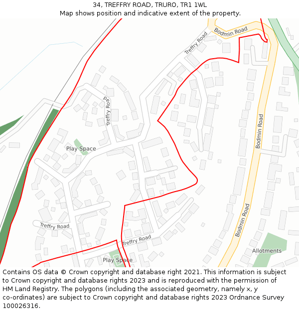 34, TREFFRY ROAD, TRURO, TR1 1WL: Location map and indicative extent of plot