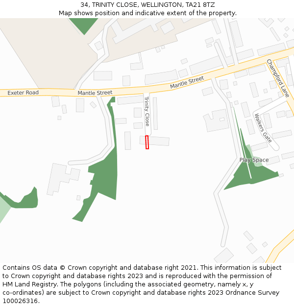 34, TRINITY CLOSE, WELLINGTON, TA21 8TZ: Location map and indicative extent of plot