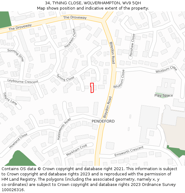 34, TYNING CLOSE, WOLVERHAMPTON, WV9 5QH: Location map and indicative extent of plot