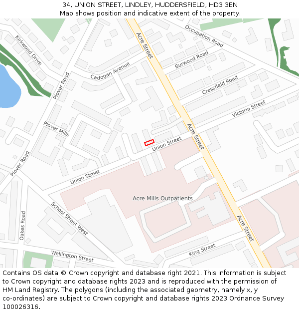 34, UNION STREET, LINDLEY, HUDDERSFIELD, HD3 3EN: Location map and indicative extent of plot
