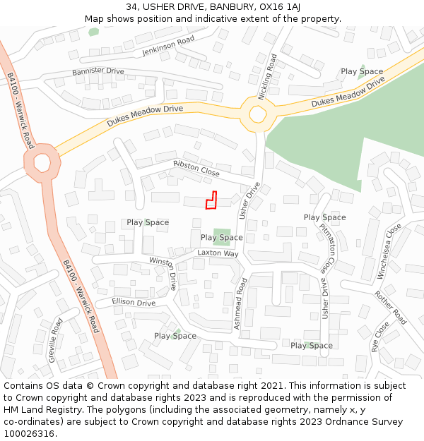 34, USHER DRIVE, BANBURY, OX16 1AJ: Location map and indicative extent of plot