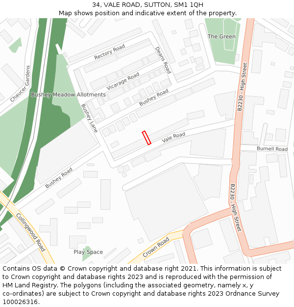 34, VALE ROAD, SUTTON, SM1 1QH: Location map and indicative extent of plot