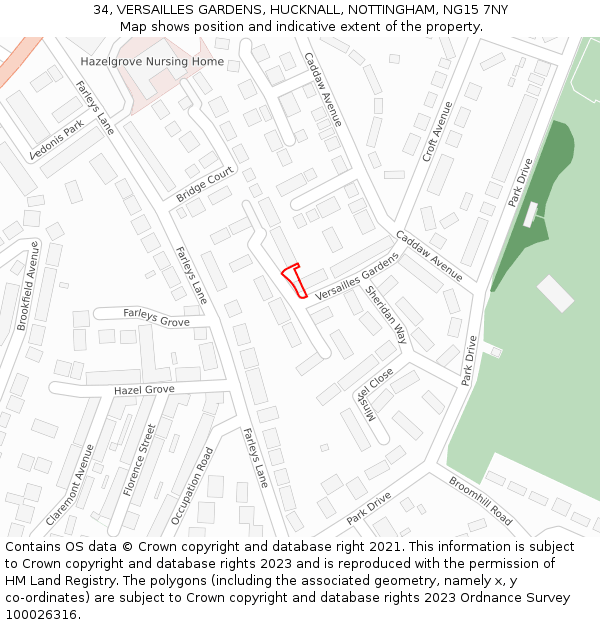 34, VERSAILLES GARDENS, HUCKNALL, NOTTINGHAM, NG15 7NY: Location map and indicative extent of plot