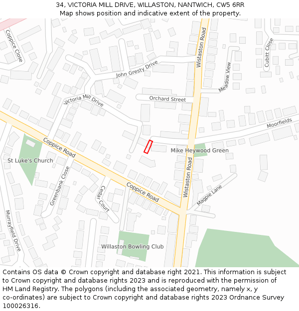34, VICTORIA MILL DRIVE, WILLASTON, NANTWICH, CW5 6RR: Location map and indicative extent of plot
