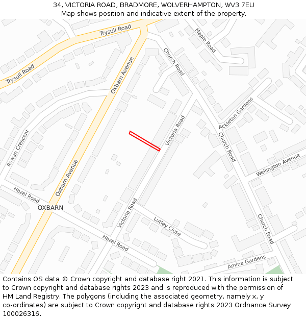 34, VICTORIA ROAD, BRADMORE, WOLVERHAMPTON, WV3 7EU: Location map and indicative extent of plot