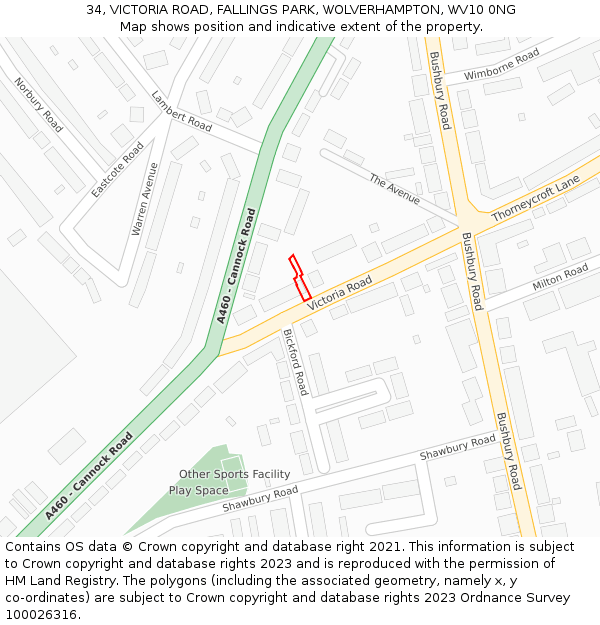 34, VICTORIA ROAD, FALLINGS PARK, WOLVERHAMPTON, WV10 0NG: Location map and indicative extent of plot
