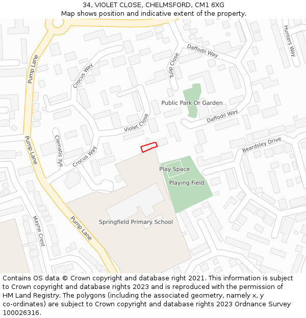 34, VIOLET CLOSE, CHELMSFORD, CM1 6XG: Location map and indicative extent of plot