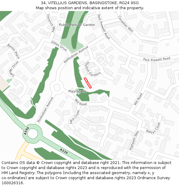 34, VITELLIUS GARDENS, BASINGSTOKE, RG24 9SG: Location map and indicative extent of plot