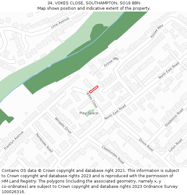 34, VOKES CLOSE, SOUTHAMPTON, SO19 8BN: Location map and indicative extent of plot