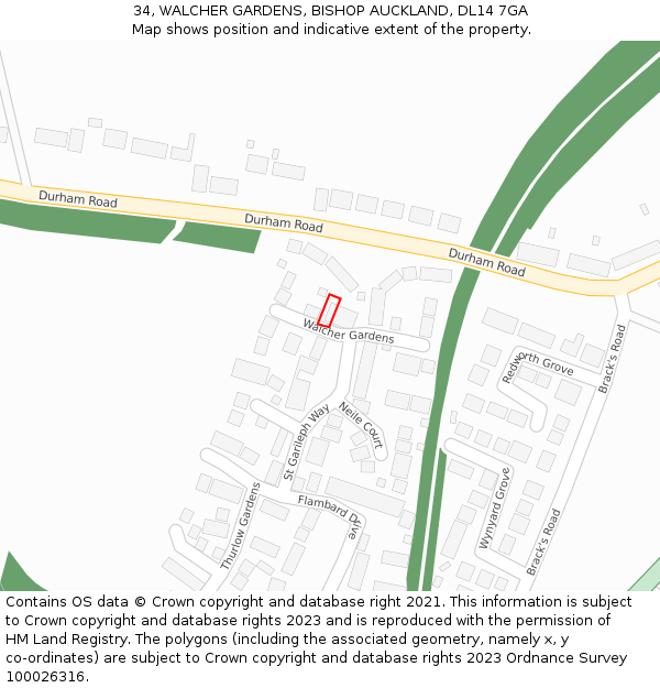 34, WALCHER GARDENS, BISHOP AUCKLAND, DL14 7GA: Location map and indicative extent of plot