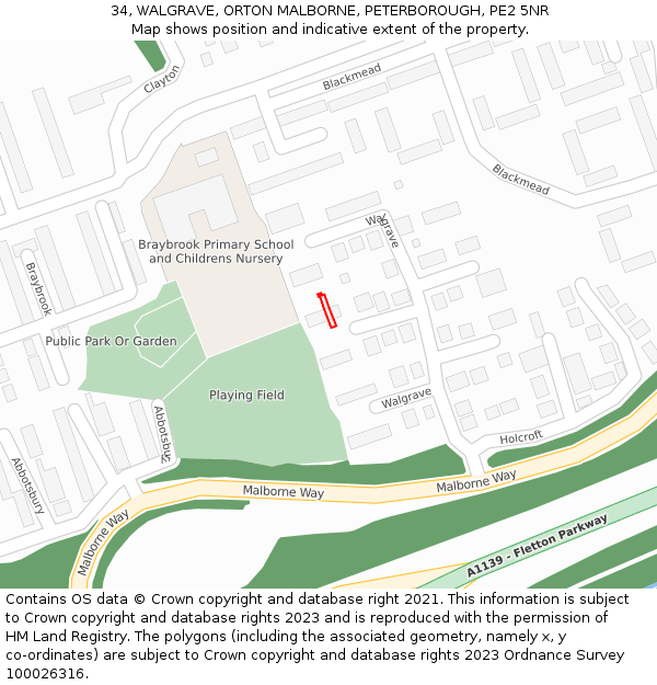 34, WALGRAVE, ORTON MALBORNE, PETERBOROUGH, PE2 5NR: Location map and indicative extent of plot