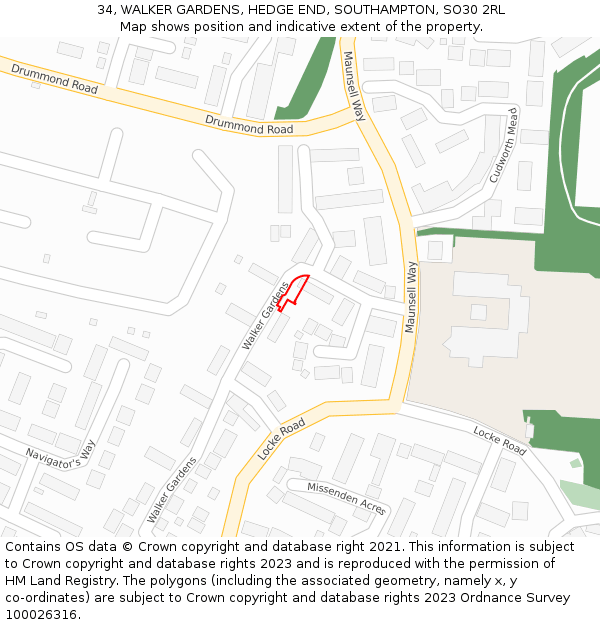34, WALKER GARDENS, HEDGE END, SOUTHAMPTON, SO30 2RL: Location map and indicative extent of plot