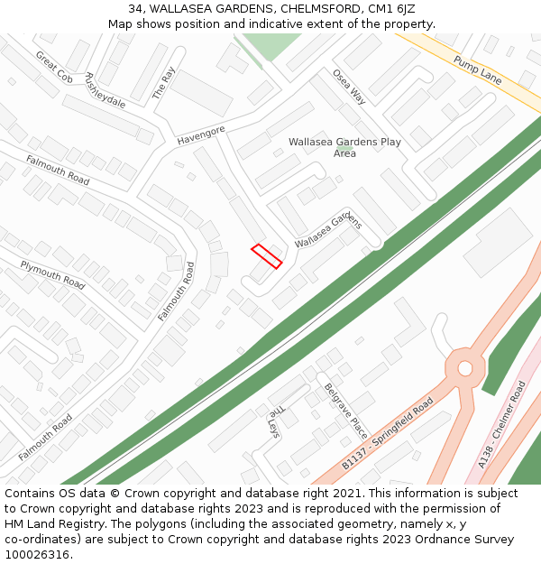 34, WALLASEA GARDENS, CHELMSFORD, CM1 6JZ: Location map and indicative extent of plot