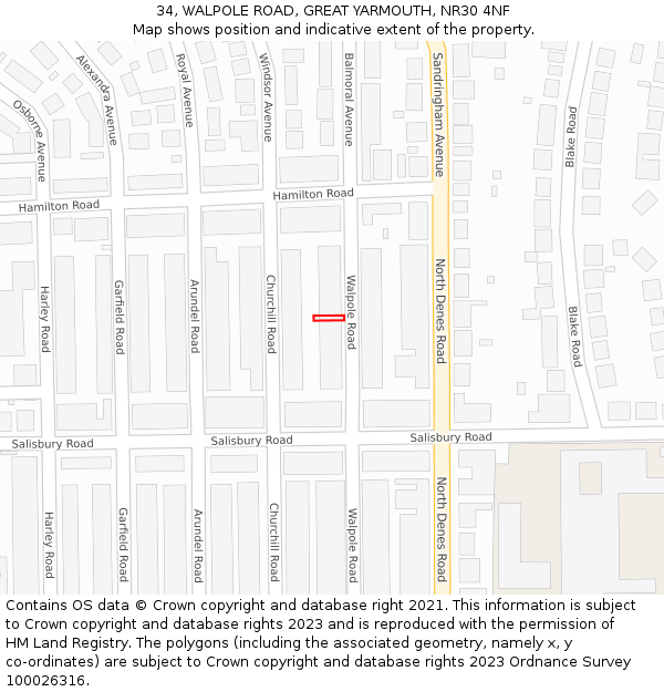 34, WALPOLE ROAD, GREAT YARMOUTH, NR30 4NF: Location map and indicative extent of plot